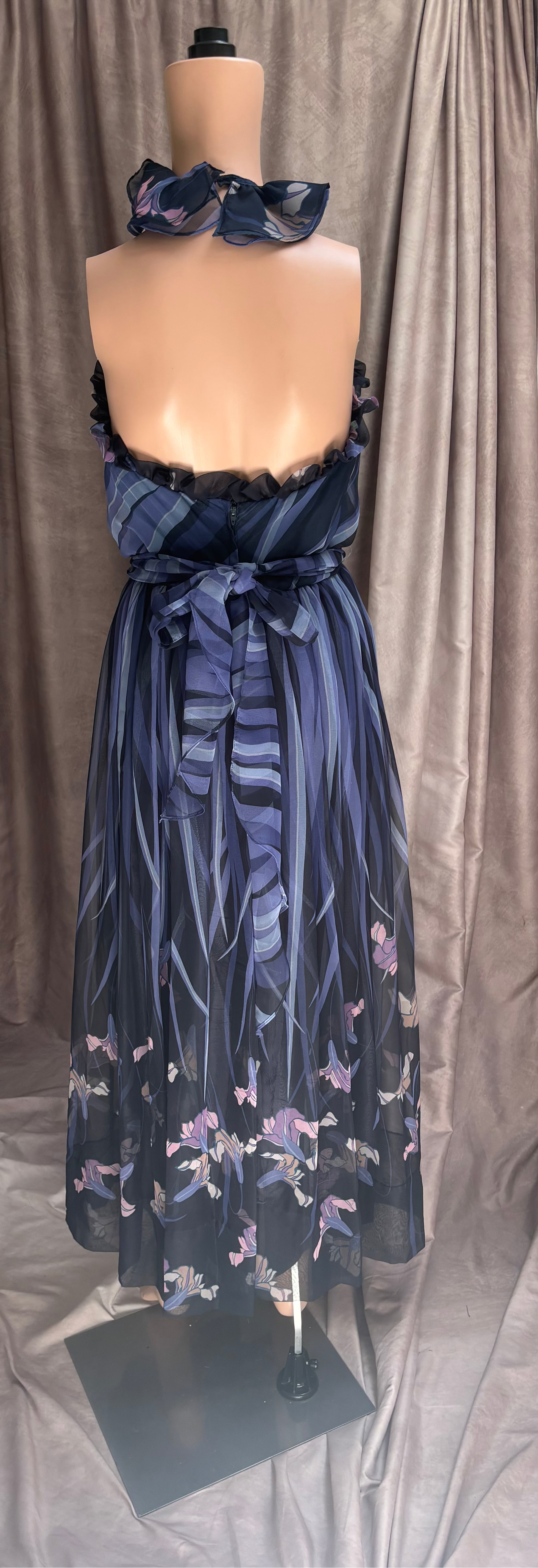 Navy Blue Floral Chiffon Maxi Dress