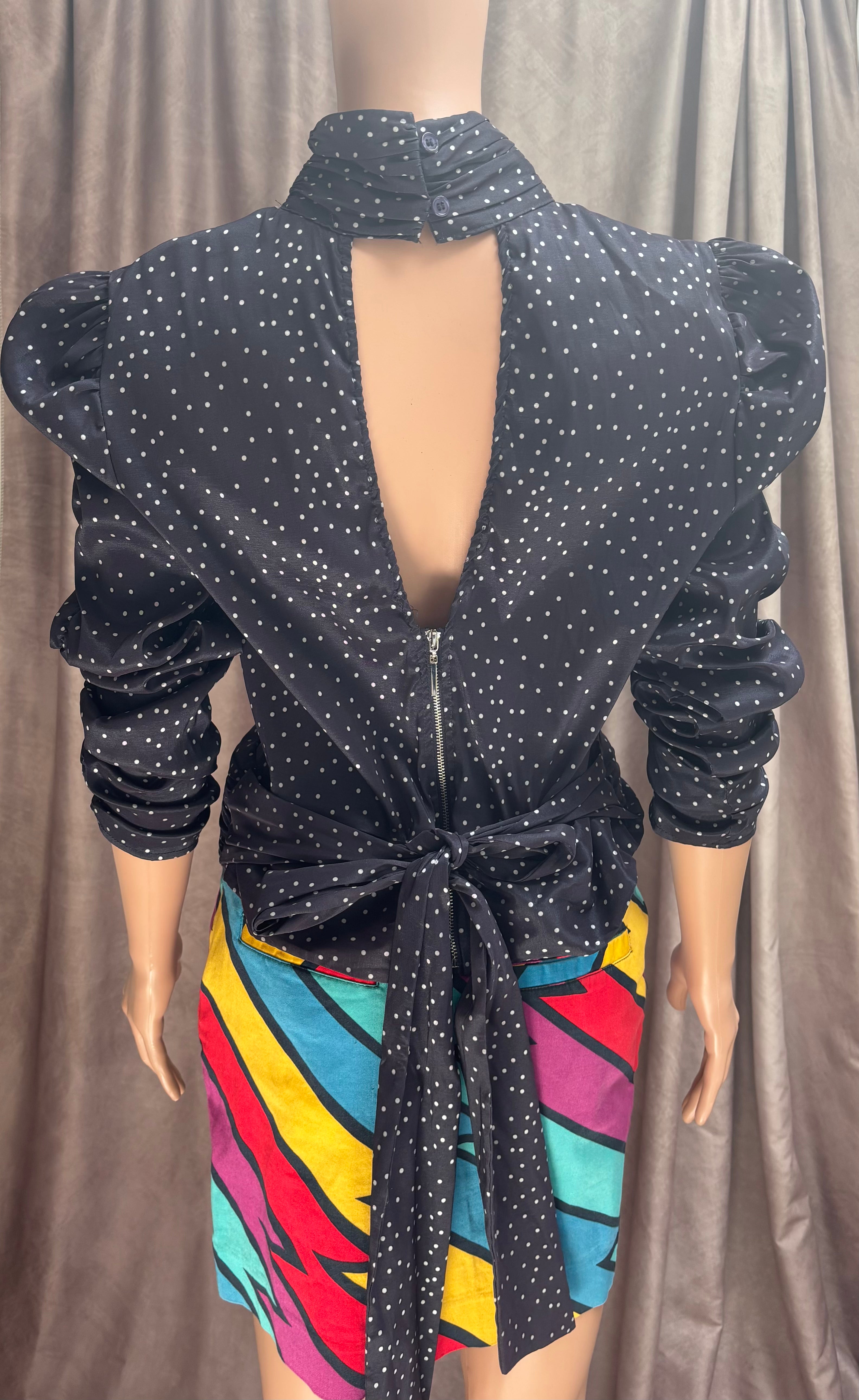 Navy Blue Polka Dot blouse with open back