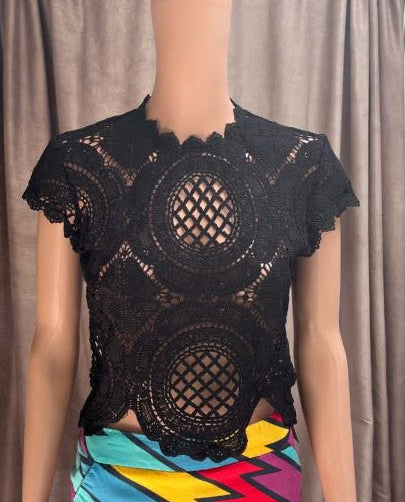 Black Ebroidered Crochet Crop Top