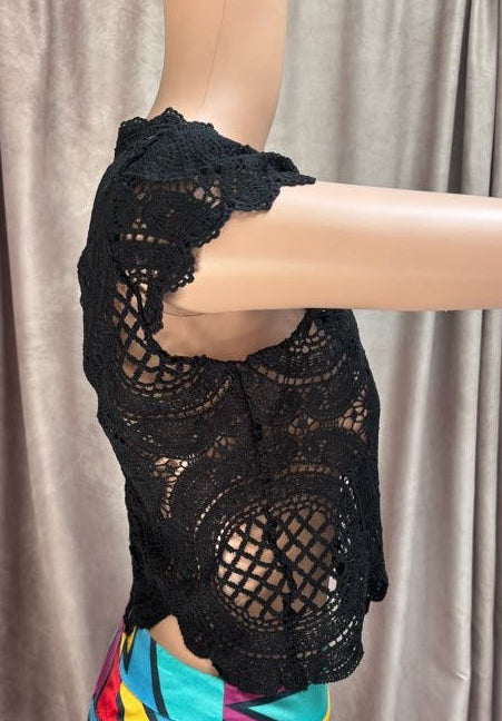 Black Ebroidered Crochet Crop Top