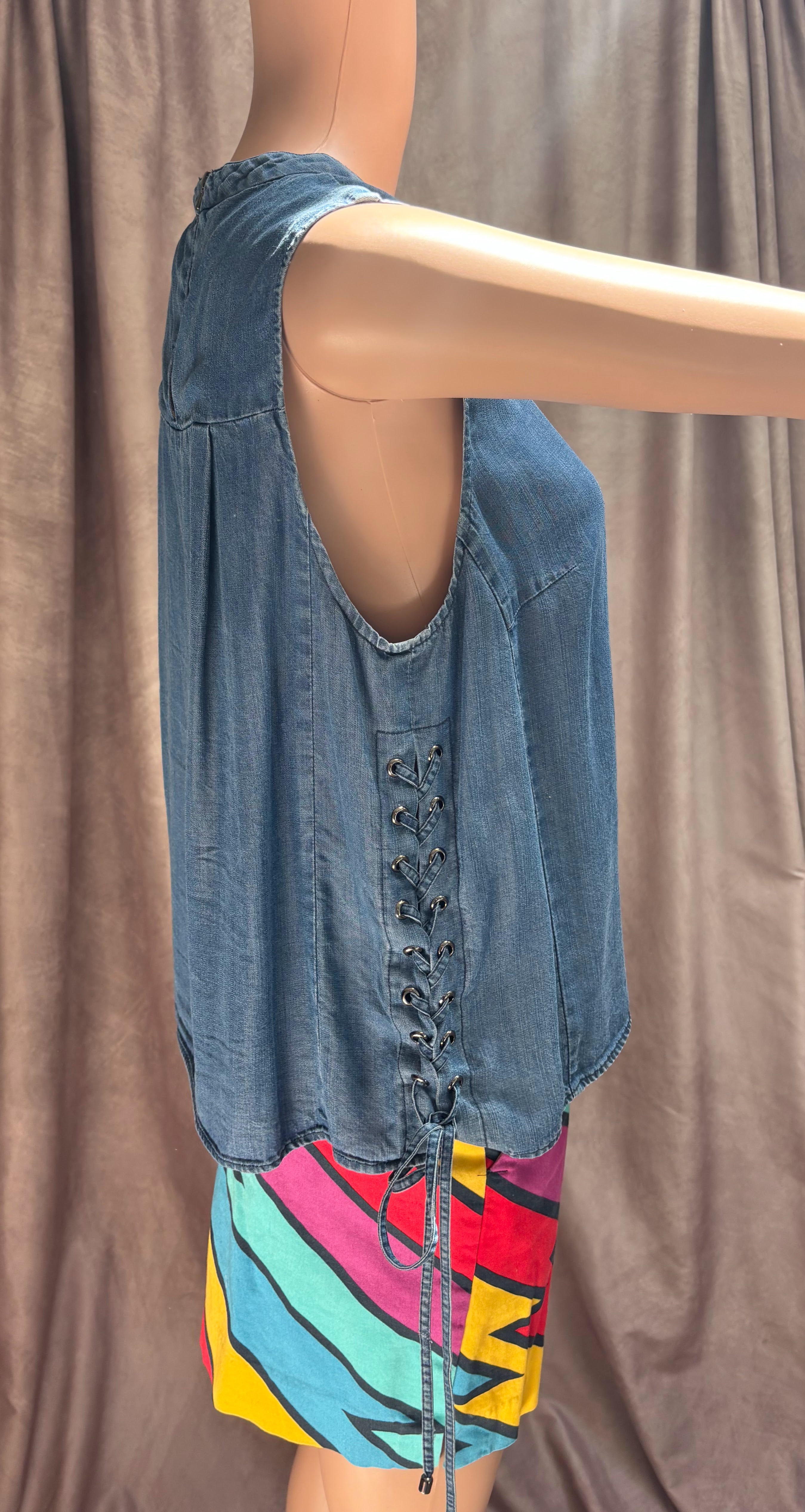 Catherine Malandrino Denim Silk Lace-Up Side Sleeveless Blouse