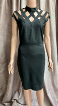 Black body con dress with caged structured shoulders