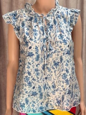 Delft patterned sleeveless blouse with ruffles