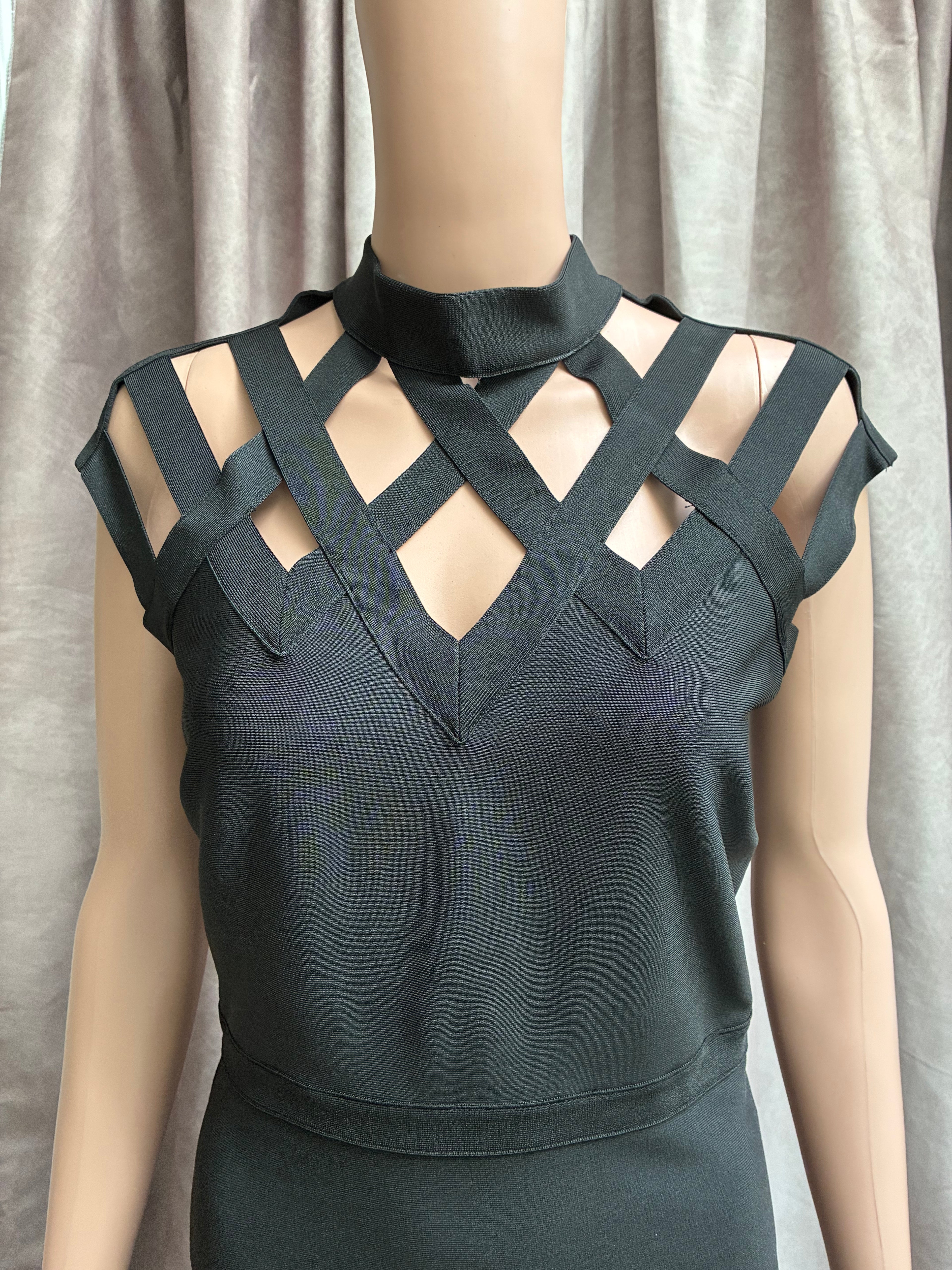 Black body con dress with caged structured shoulders