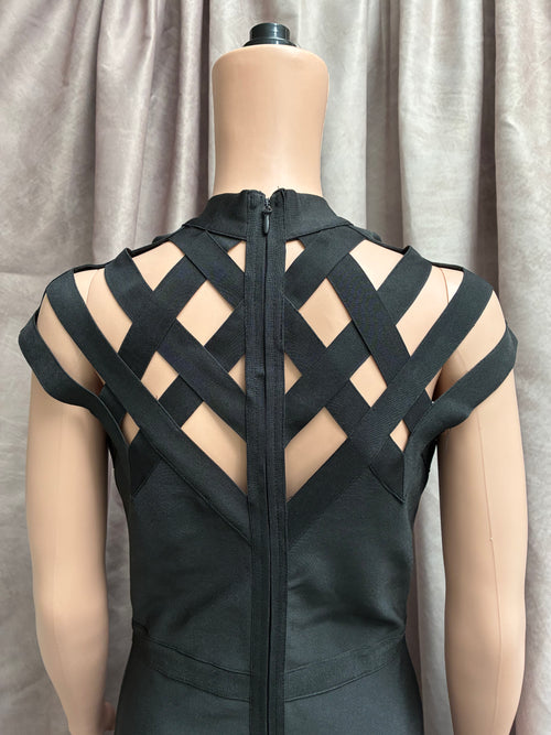 Black body con dress with caged structured shoulders