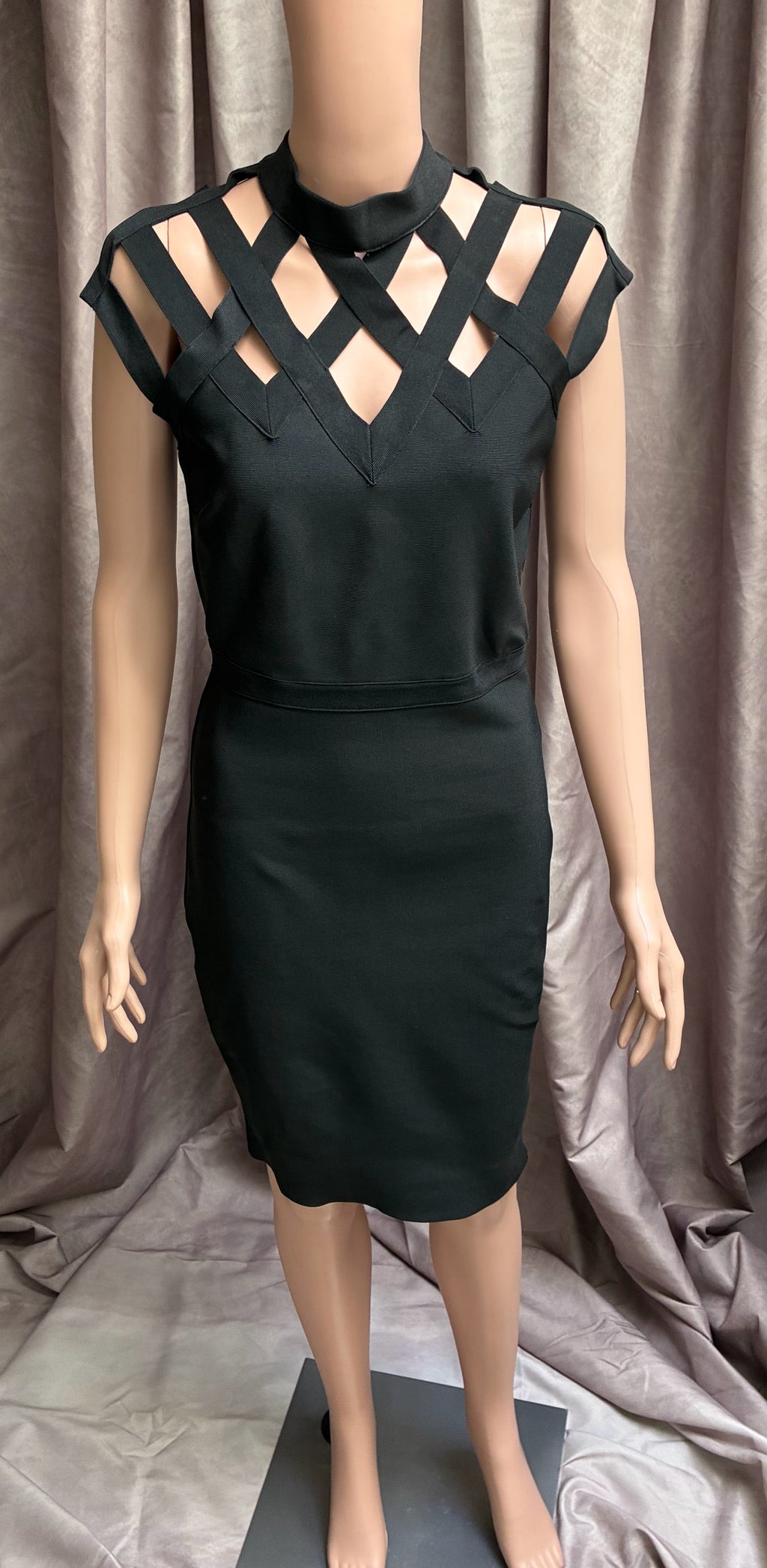 Black body con dress with caged structured shoulders