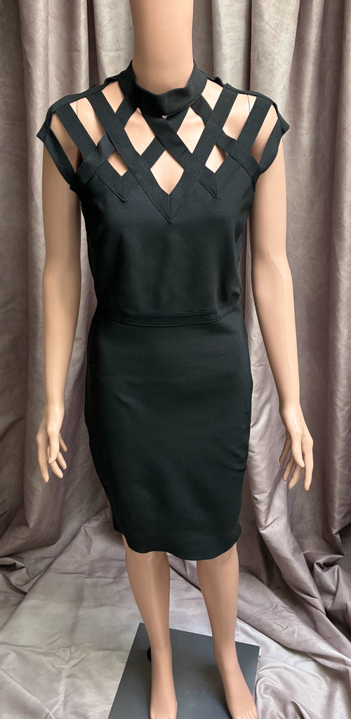 Black body con dress with caged structured shoulders