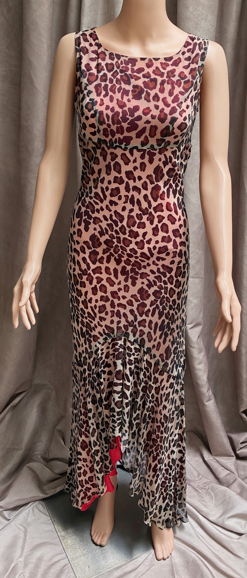 Silk and sheer Leopard print body con dress with red silk underneath