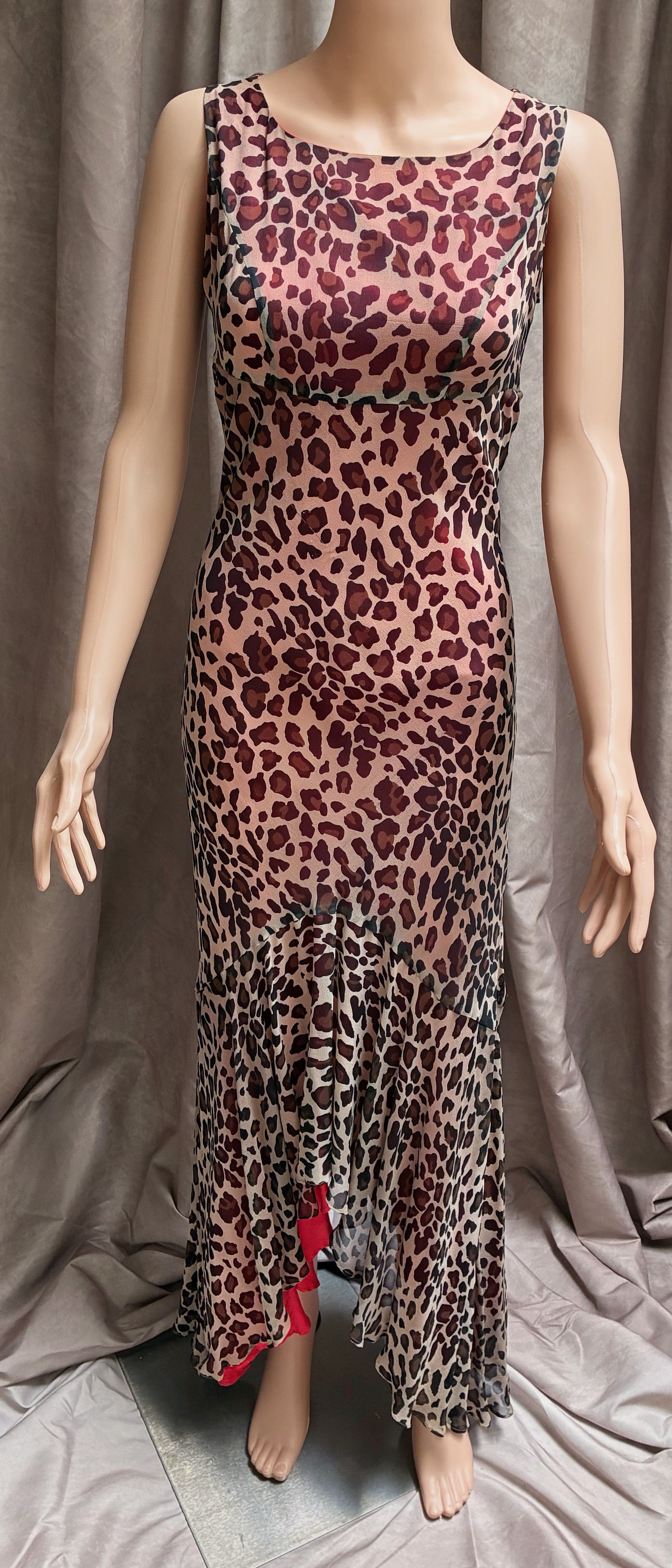 Silk and sheer Leopard print body con dress with red silk underneath