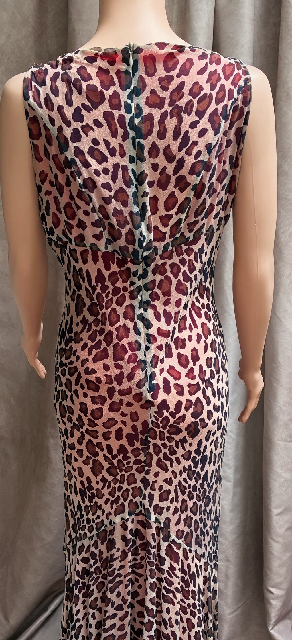Silk and sheer Leopard print body con dress with red silk underneath