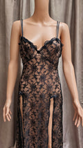 Vintage Black Sheer Lace Maxi Slip Dress | Thigh-High Slits & Satin Bows
