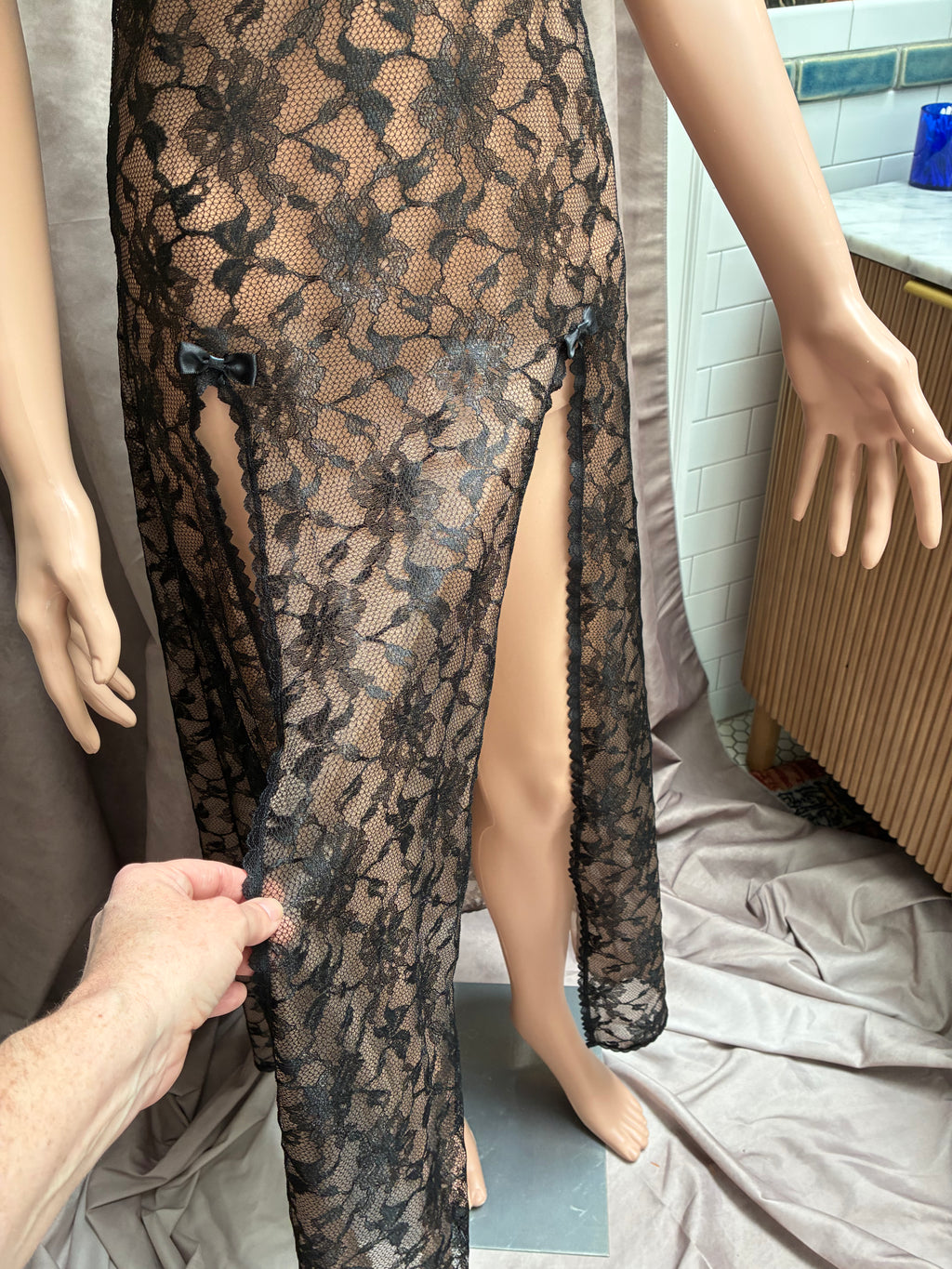 Vintage Black Sheer Lace Maxi Slip Dress | Thigh-High Slits & Satin Bows