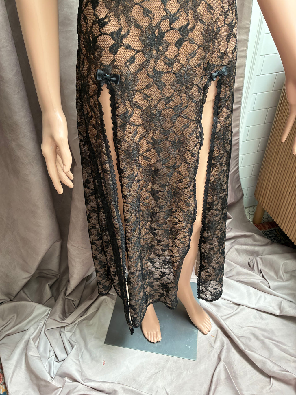 Vintage Black Sheer Lace Maxi Slip Dress | Thigh-High Slits & Satin Bows