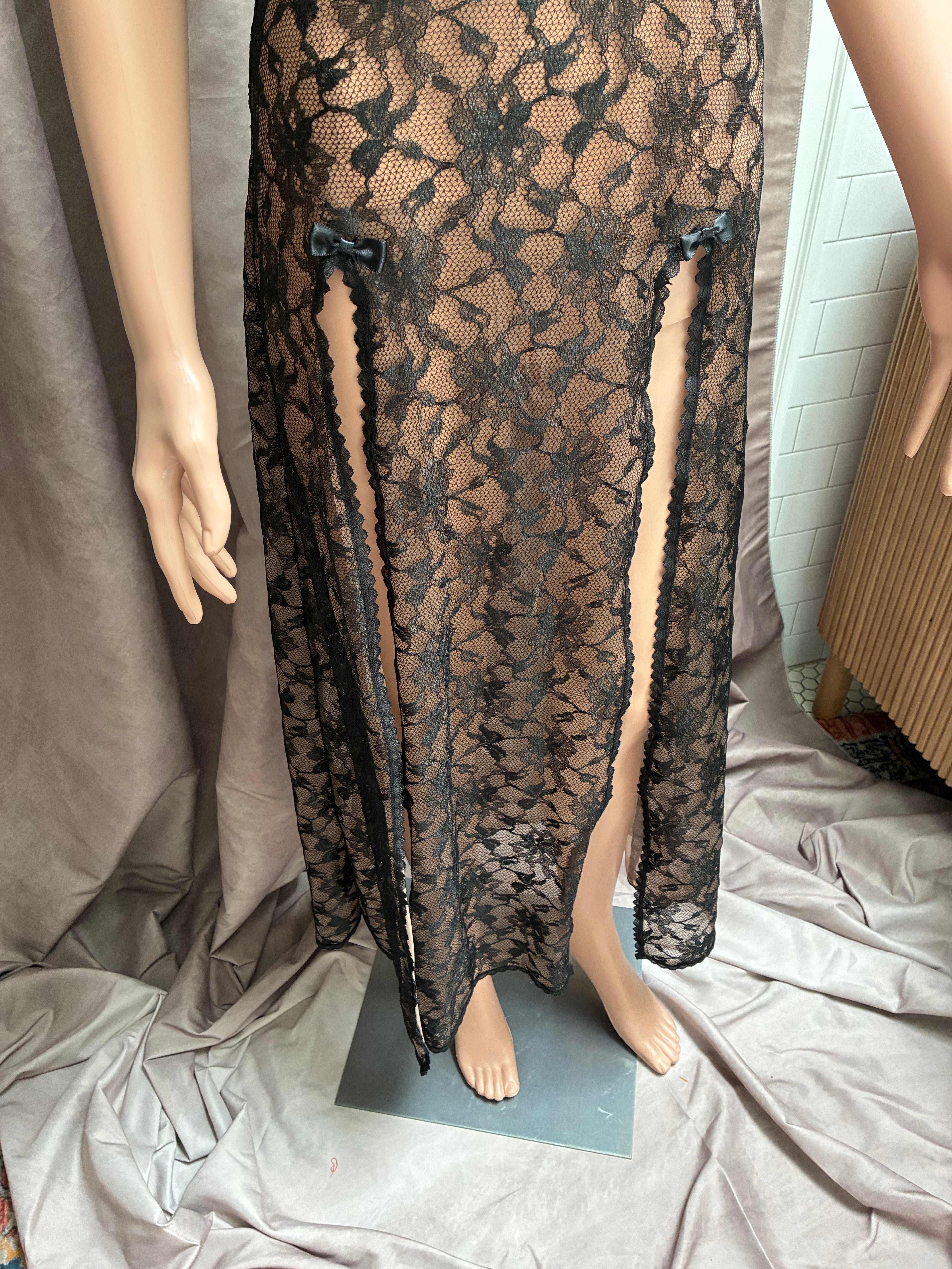 Vintage Black Sheer Lace Maxi Slip Dress | Thigh-High Slits & Satin Bows