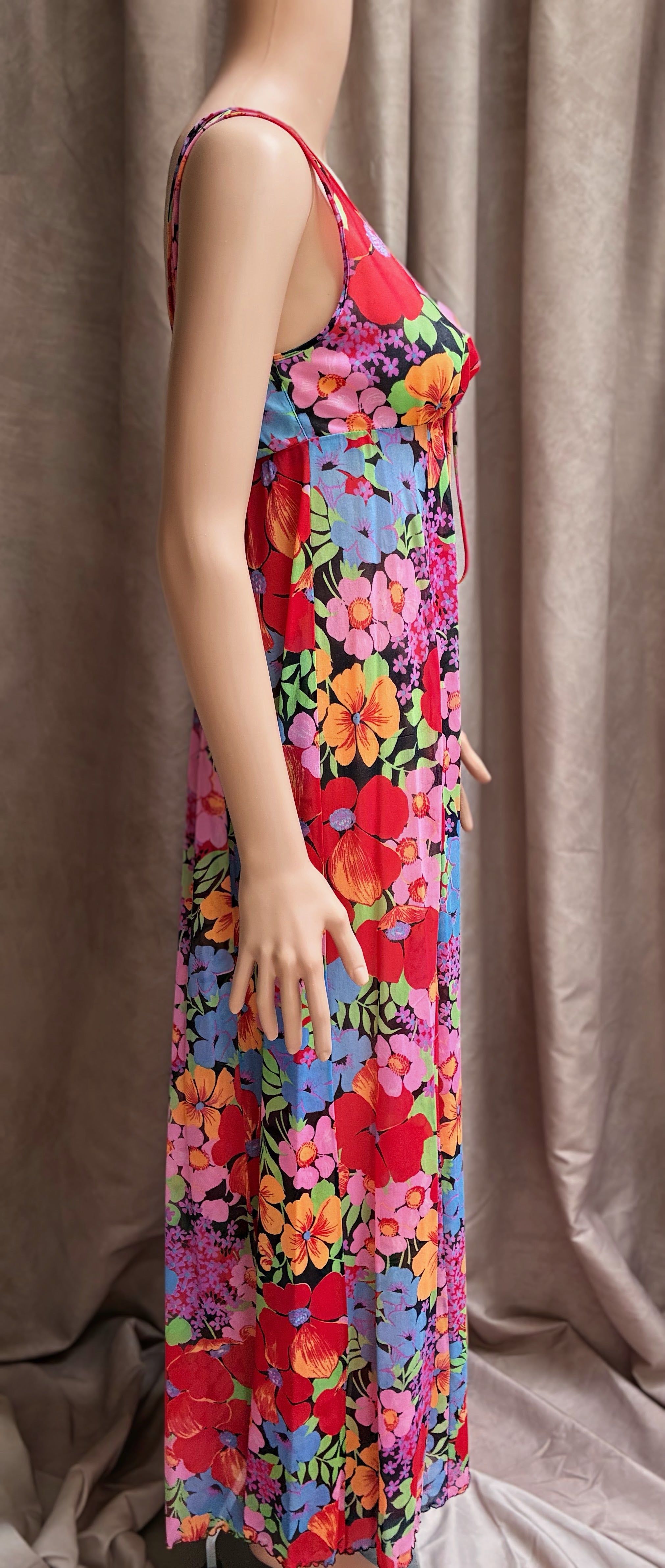 Vintage Maximalist Floral Maxi Dress | Hot Pink, Purple & Red | Empire Waist