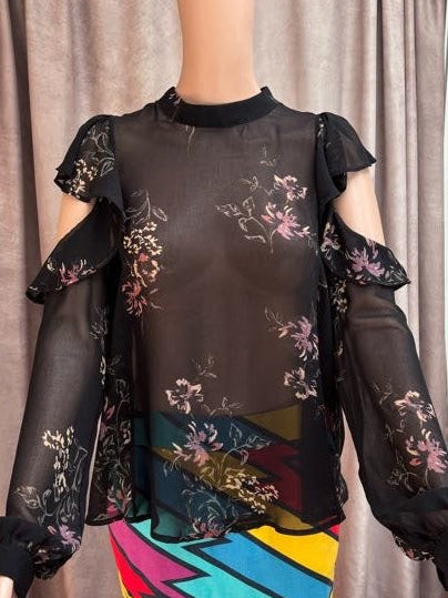 Aldo Black Sheer Floral Cold Shoulder Ruffle Blouse – Size Large