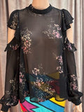 Aldo Black Sheer Floral Cold Shoulder Ruffle Blouse – Size Large