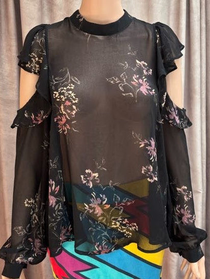 Aldo Black Sheer Floral Cold Shoulder Ruffle Blouse – Size Large