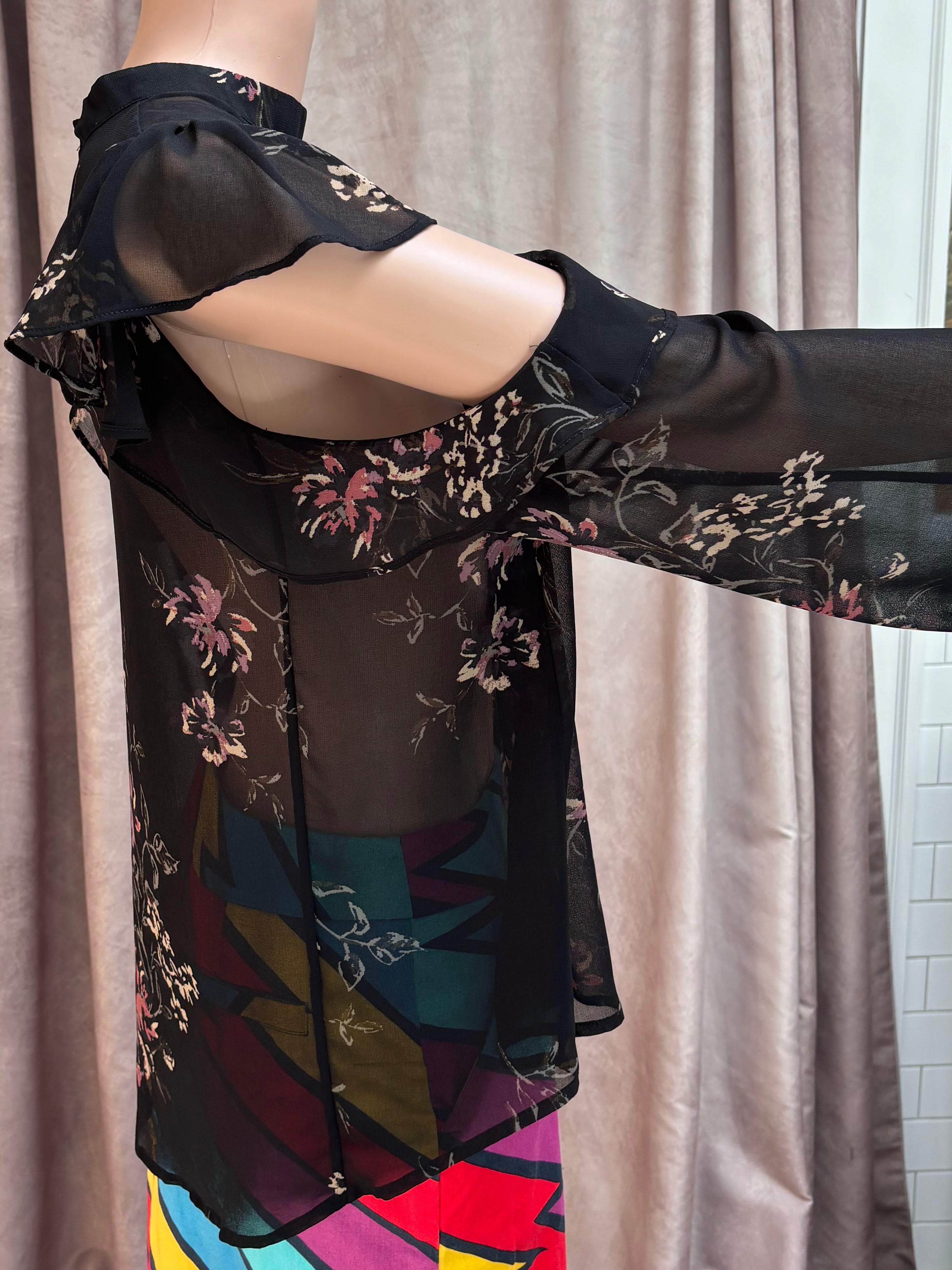 Aldo Black Sheer Floral Cold Shoulder Ruffle Blouse – Size Large