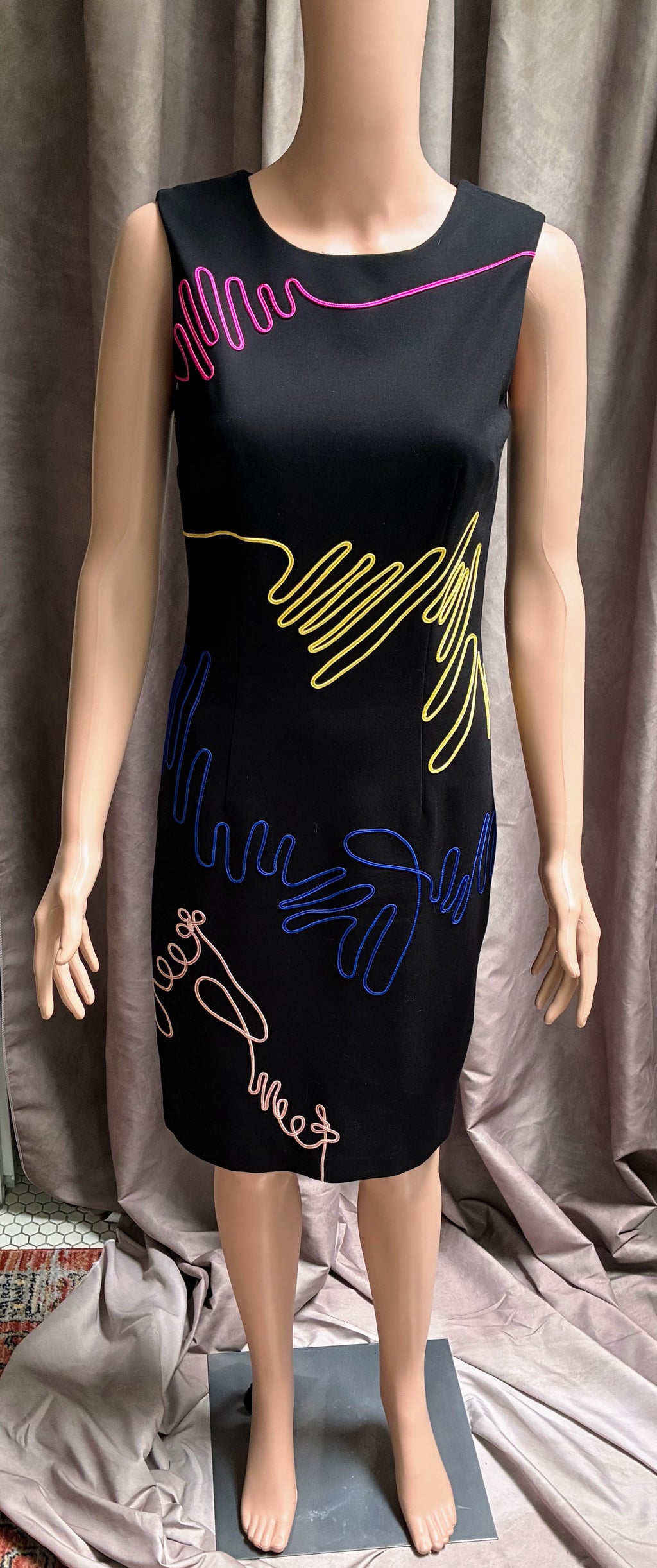 Vintage Few Moda NY Neon Scribble Embroidery Wiggle Dress | Wearable Art
