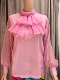 1960s Bubblegum Pink Chiffon Ruffle Bib Blouse