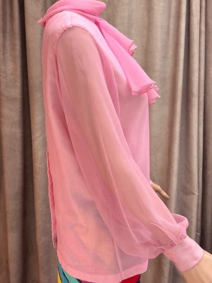 1960s Bubblegum Pink Chiffon Ruffle Bib Blouse