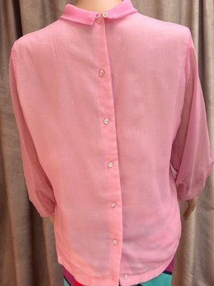 1960s Bubblegum Pink Chiffon Ruffle Bib Blouse