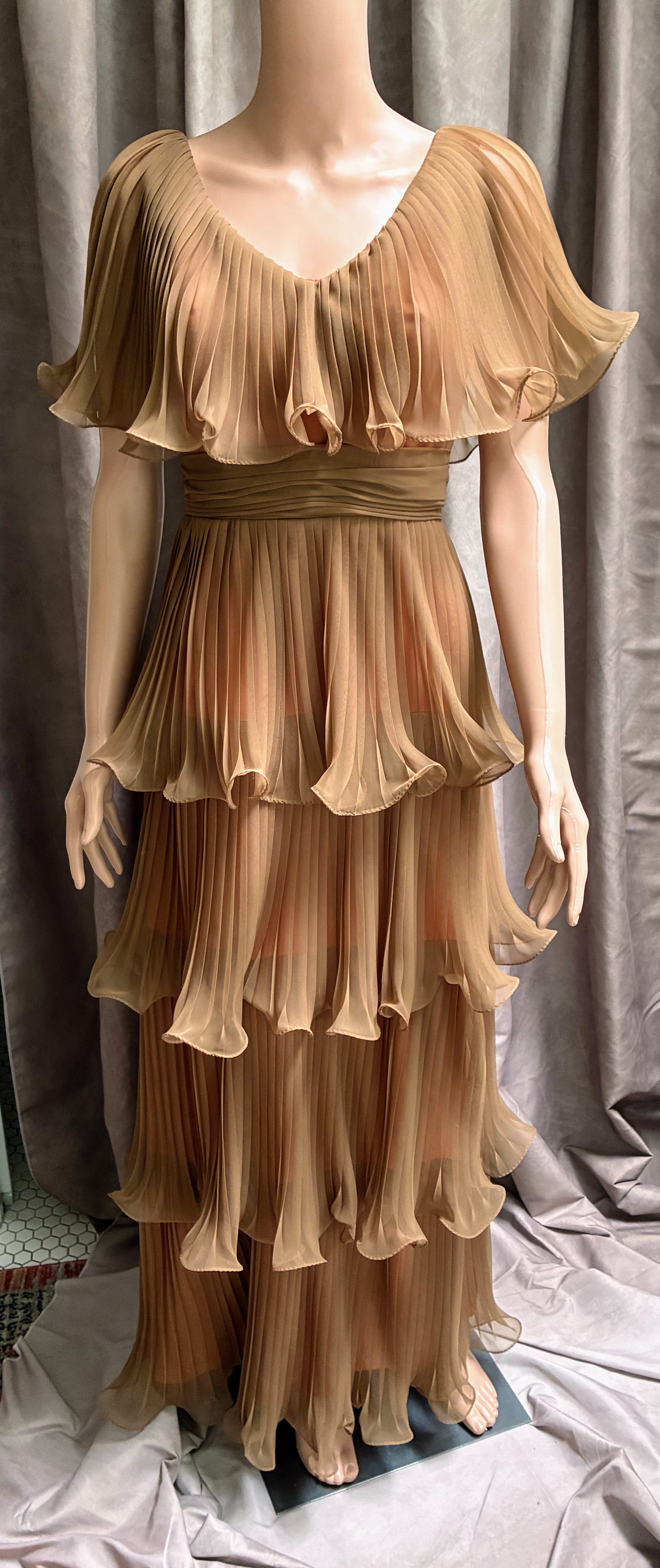Vintage Miss Elliette California Accordion Pleated Chiffon Gown | Tan & Orange | 1970s