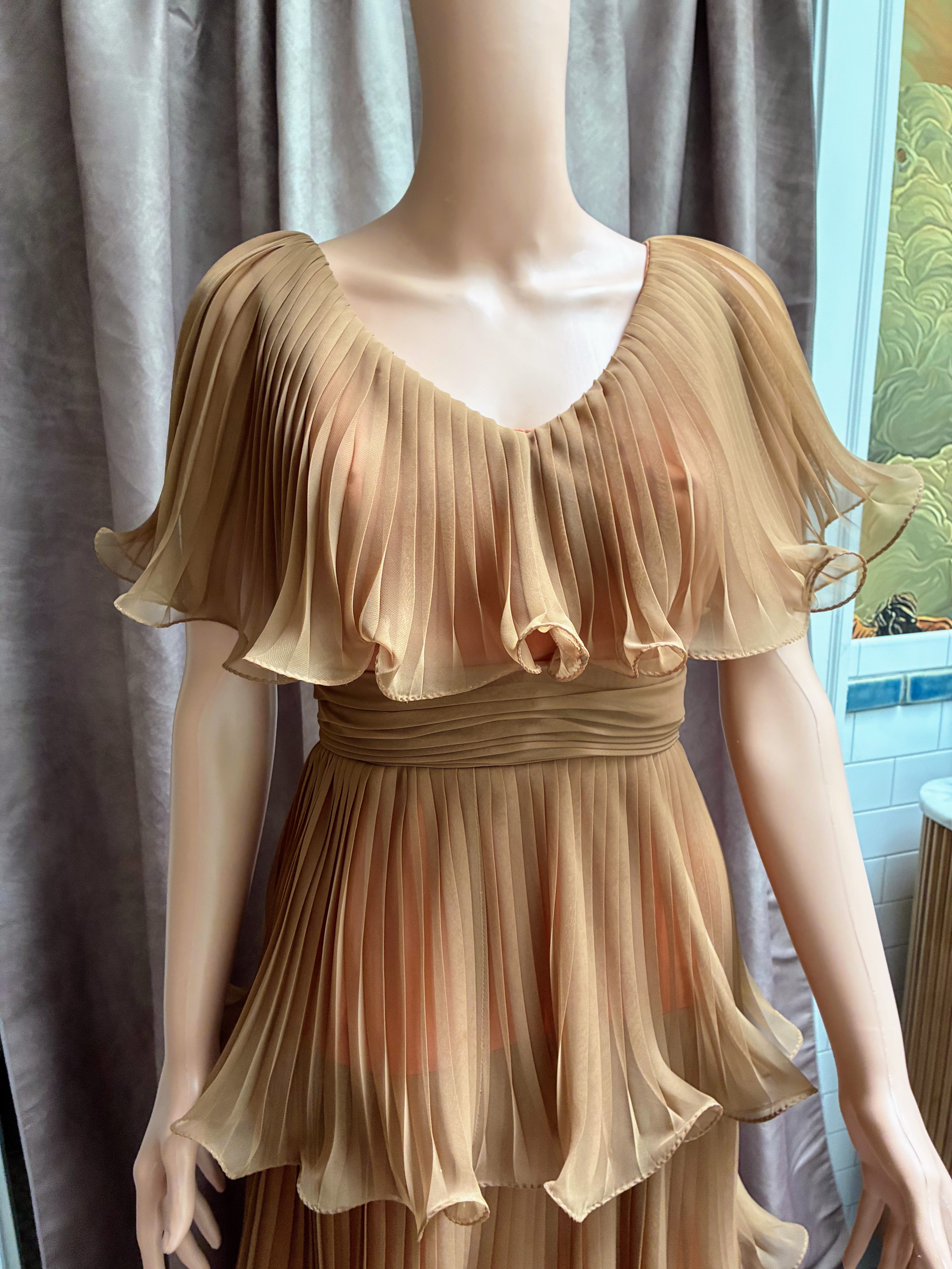 Vintage Miss Elliette California Accordion Pleated Chiffon Gown | Tan & Orange | 1970s