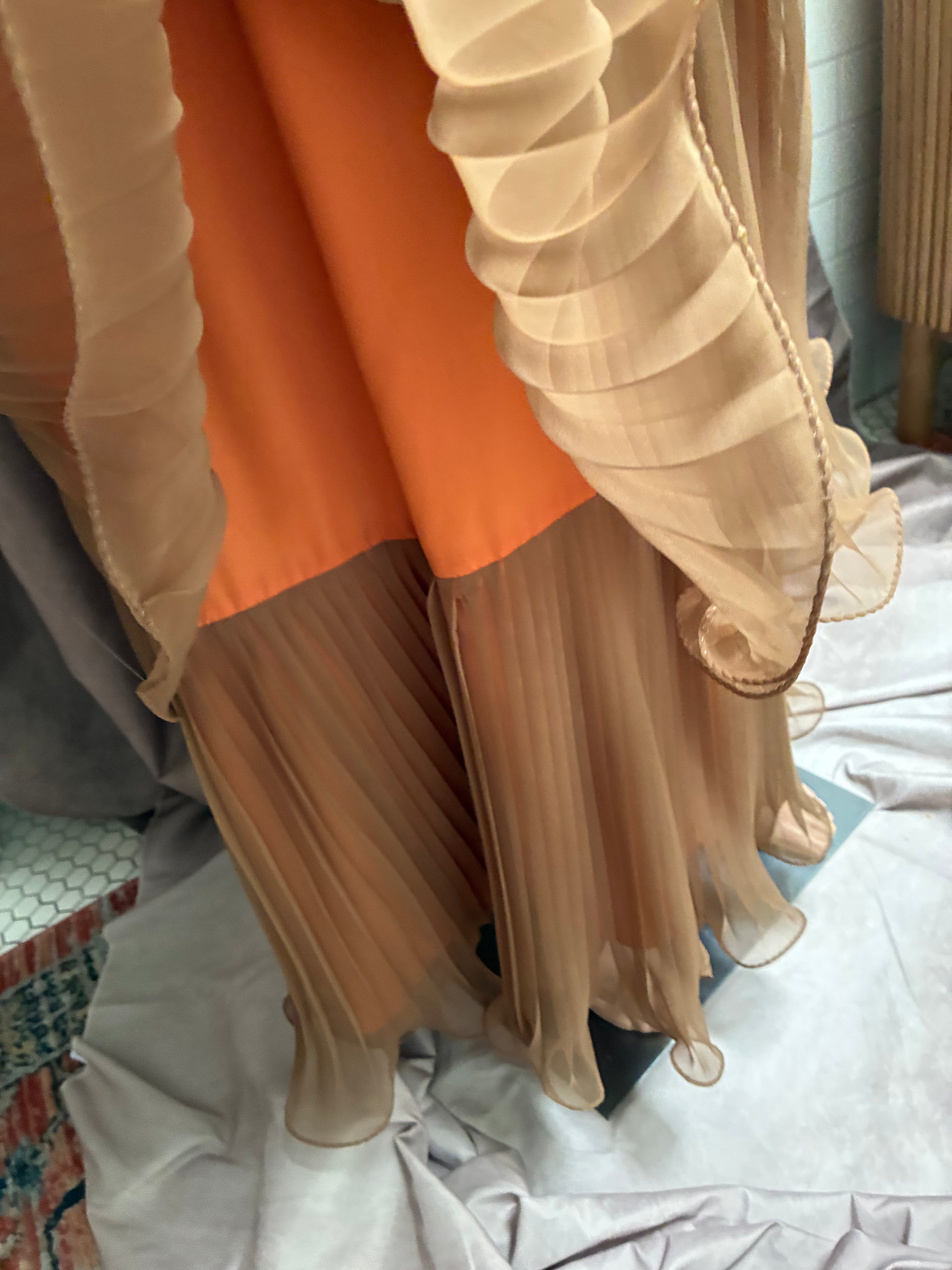 Vintage Miss Elliette California Accordion Pleated Chiffon Gown | Tan & Orange | 1970s