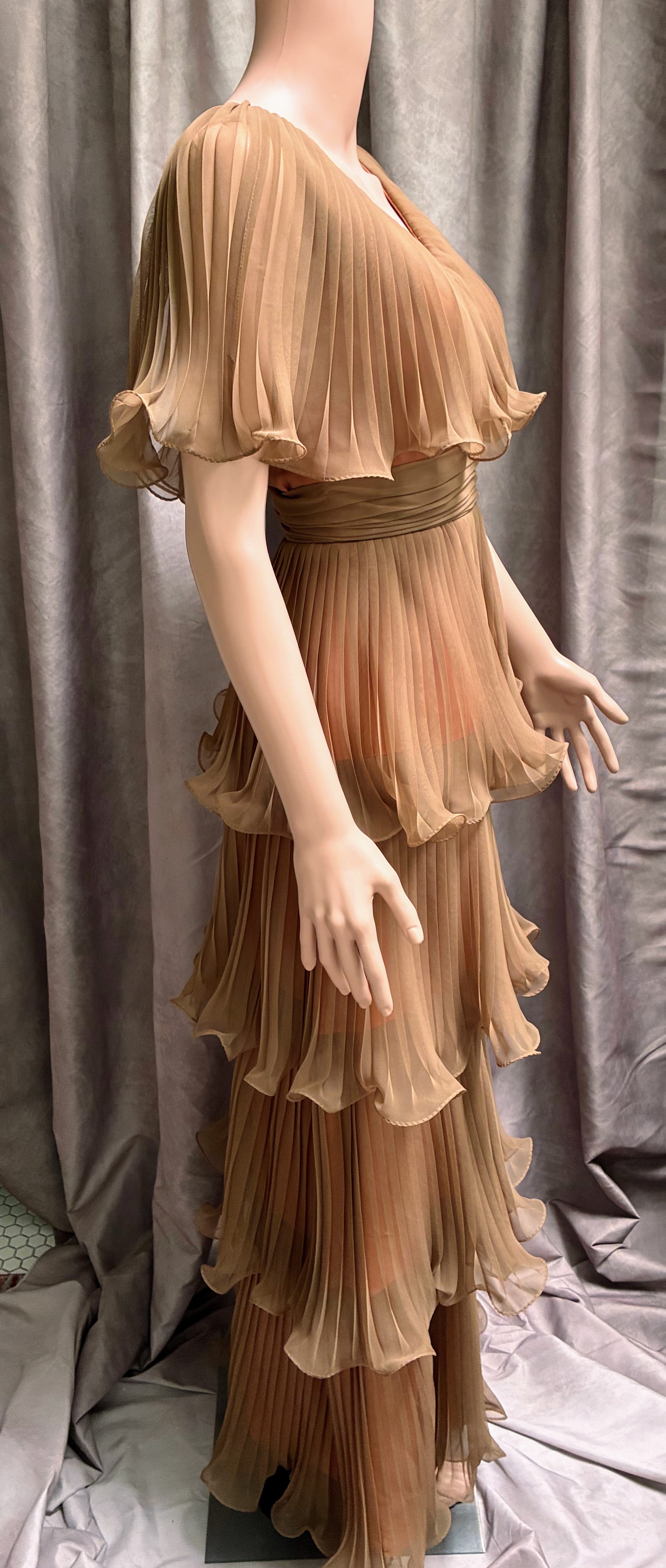 Vintage Miss Elliette California Accordion Pleated Chiffon Gown | Tan & Orange | 1970s