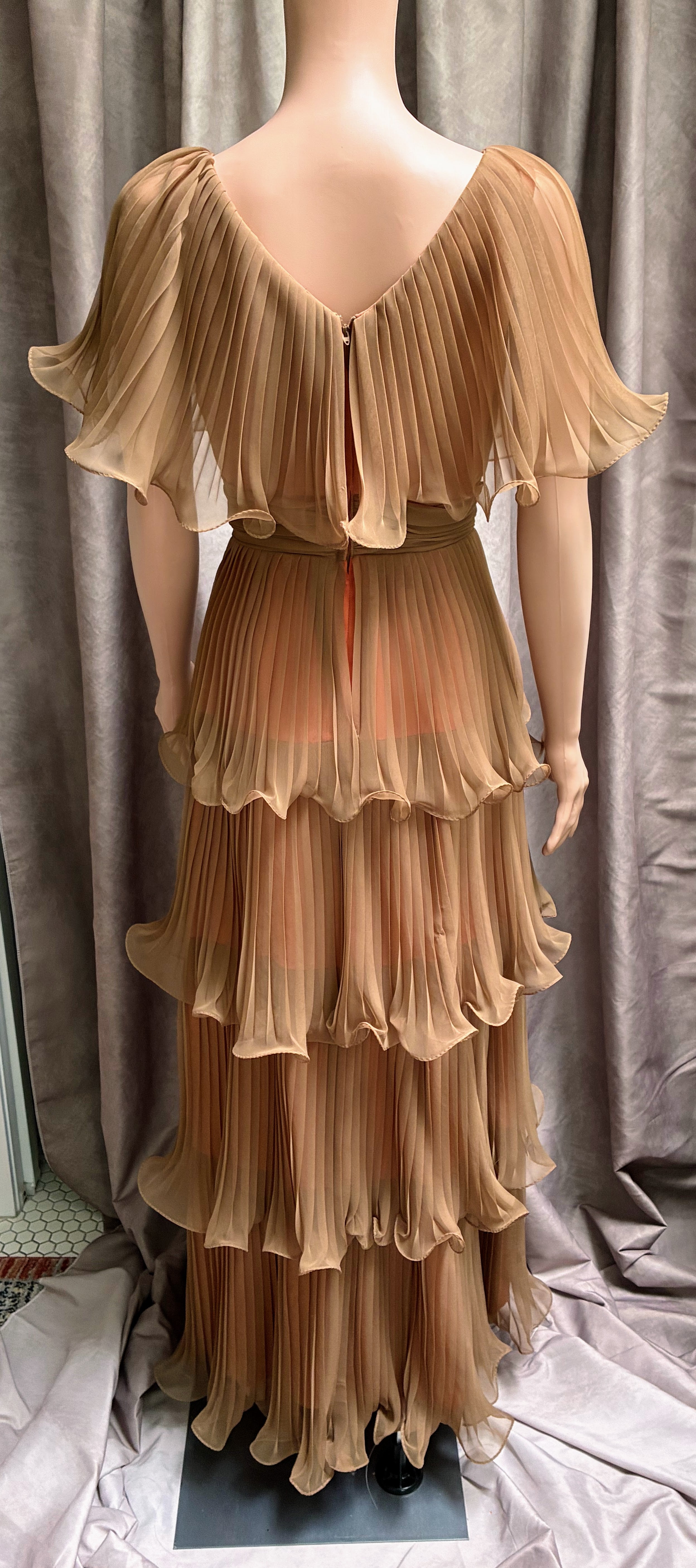 Vintage Miss Elliette California Accordion Pleated Chiffon Gown | Tan & Orange | 1970s