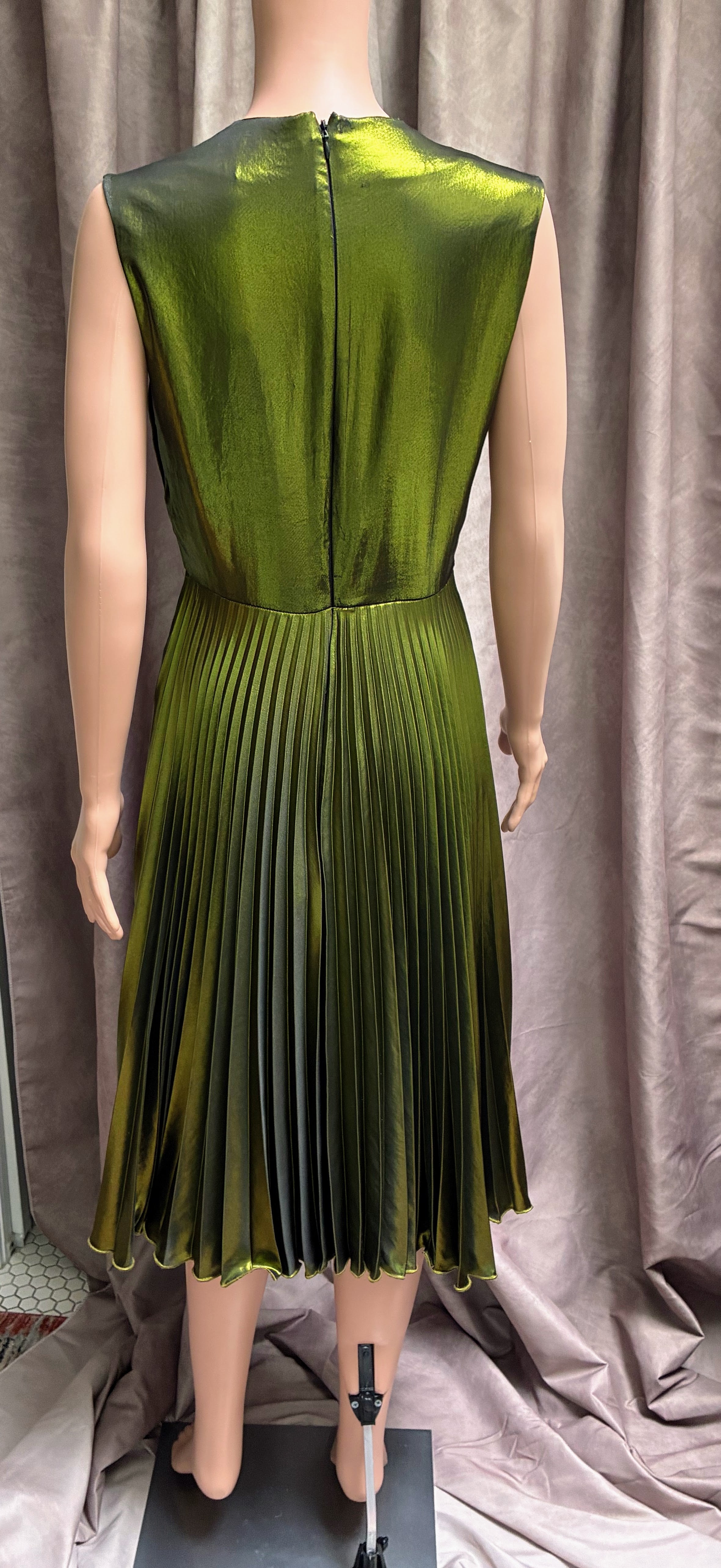 Vintage Topshop Chartreuse Metallic Accordion Pleated Midi Dress | Studio 54 Glam