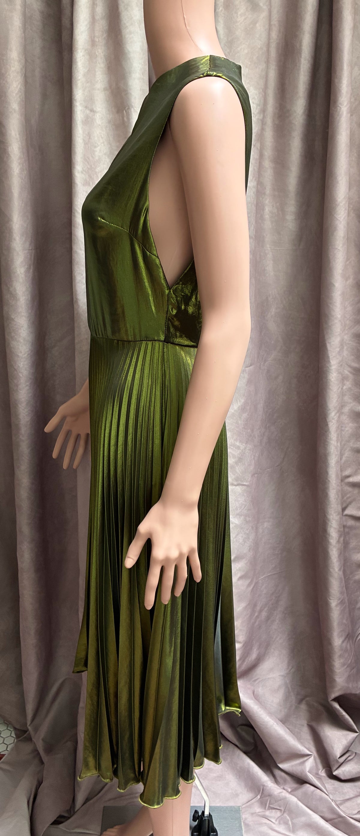 Vintage Topshop Chartreuse Metallic Accordion Pleated Midi Dress | Studio 54 Glam