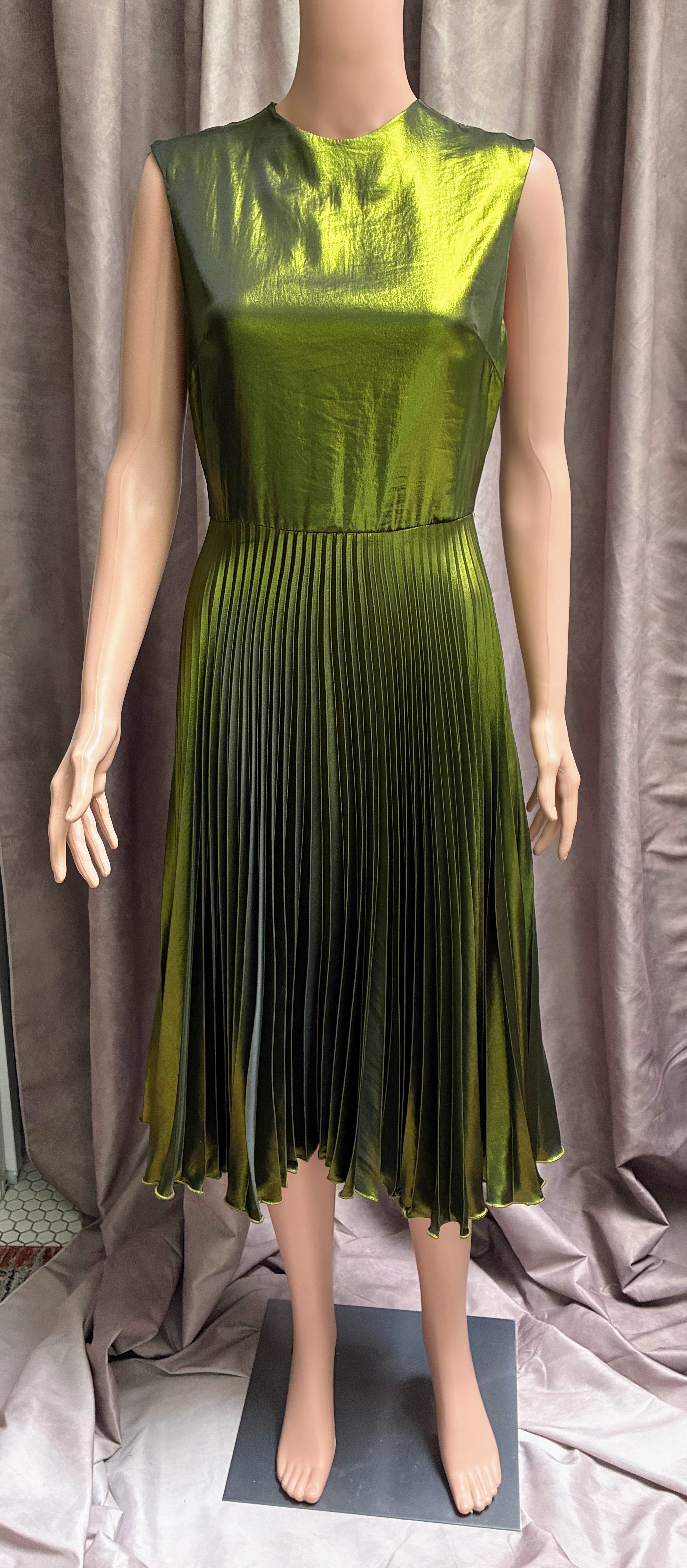 Vintage Topshop Chartreuse Metallic Accordion Pleated Midi Dress | Studio 54 Glam