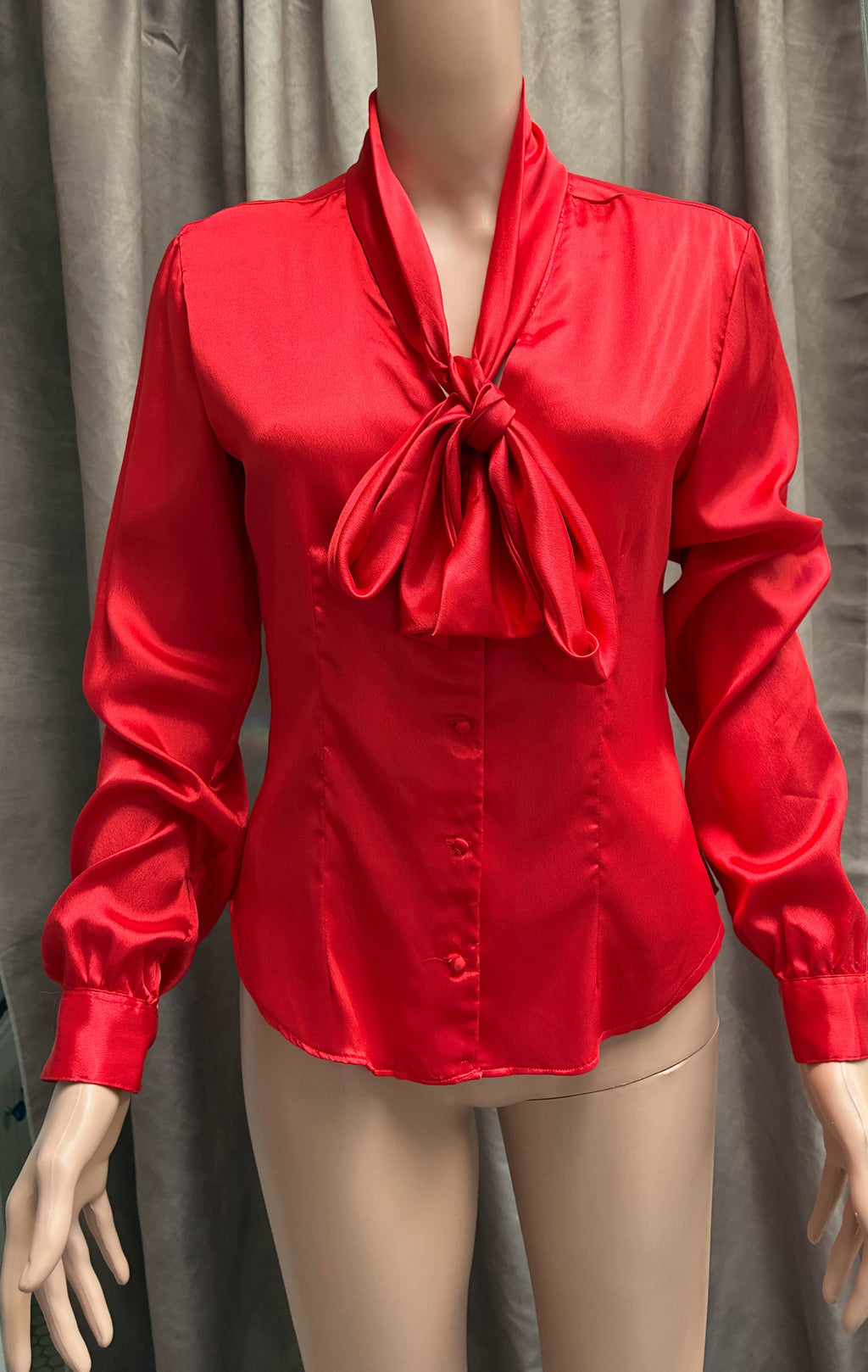 Vintage 1980s Stuart Lange Silk Secretary Blouse | Fire Engine Red | Tie Neck