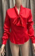 Vintage 1980s Stuart Lange Silk Secretary Blouse | Fire Engine Red | Tie Neck