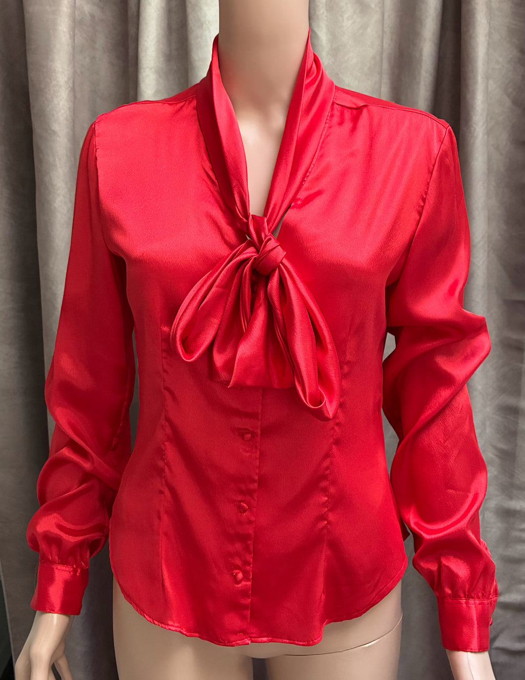 Vintage 1980s Stuart Lange Silk Secretary Blouse | Fire Engine Red | Tie Neck