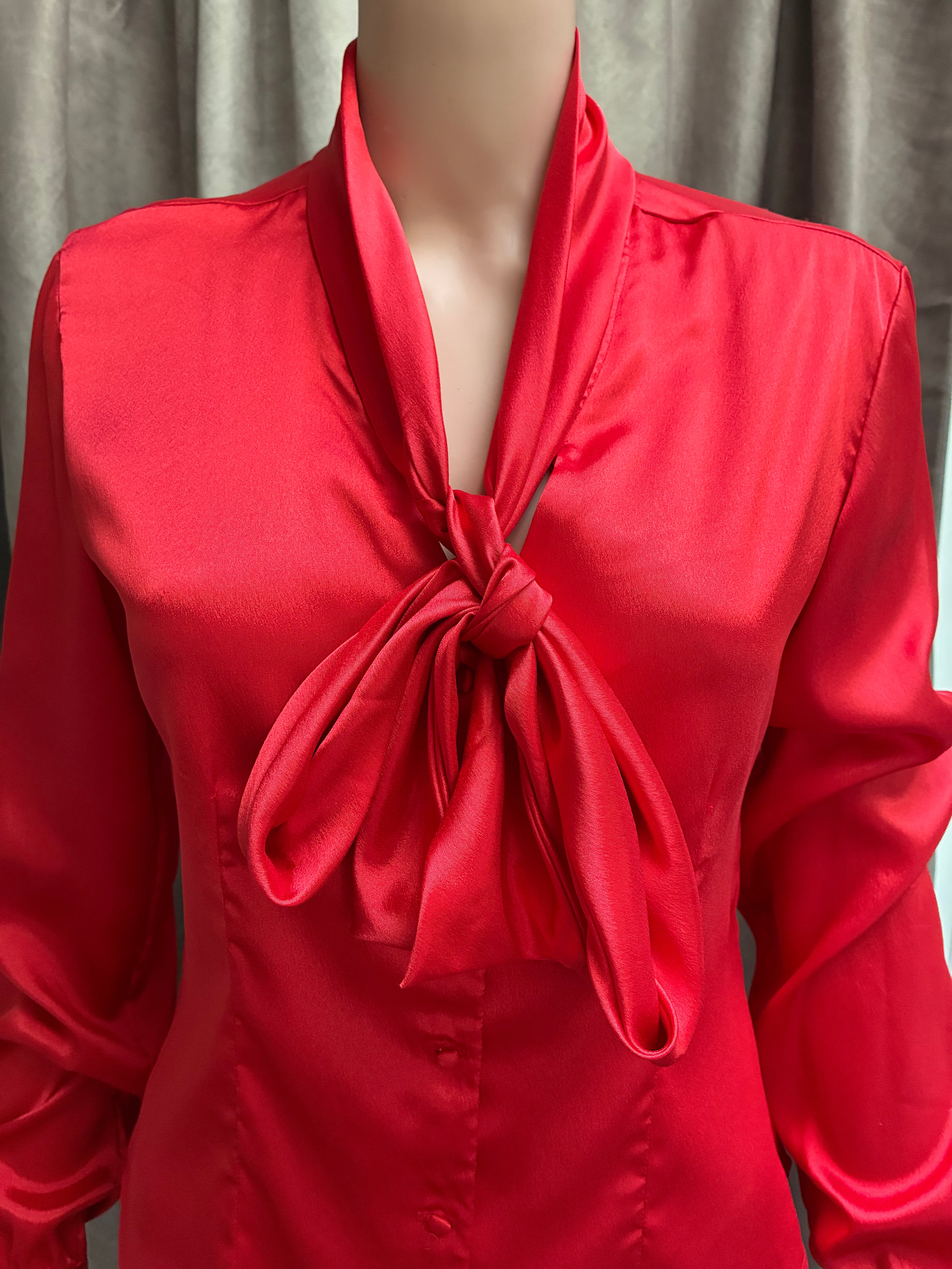 Vintage 1980s Stuart Lange Silk Secretary Blouse | Fire Engine Red | Tie Neck