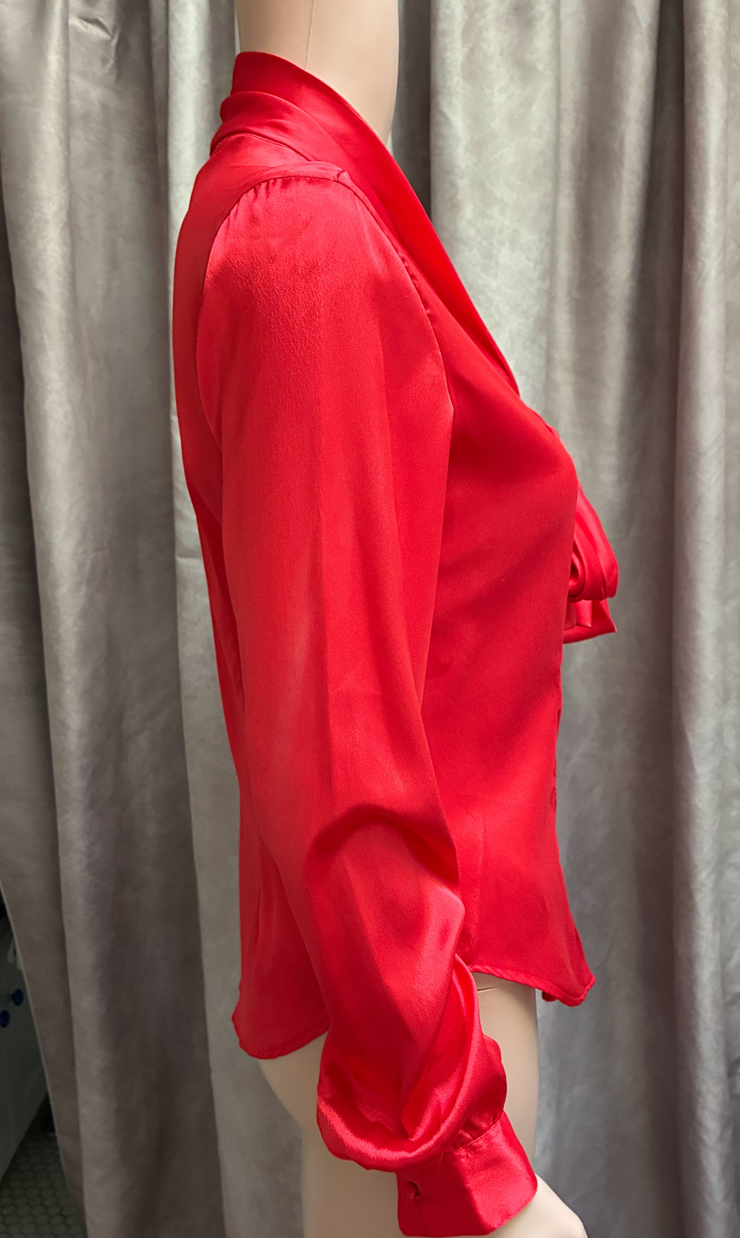 Vintage 1980s Stuart Lange Silk Secretary Blouse | Fire Engine Red | Tie Neck