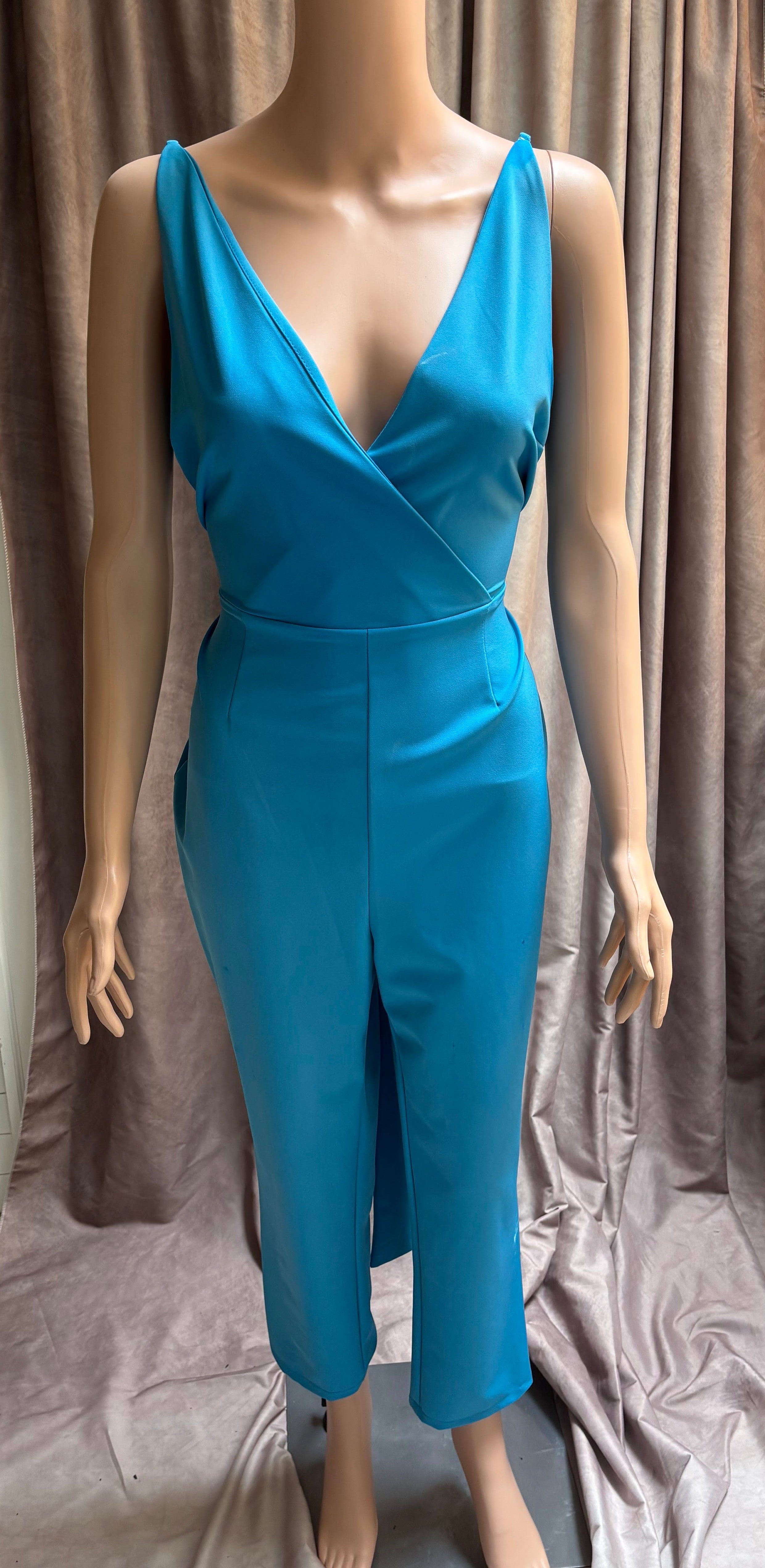 AKIRA Turquoise Wrap Jumpsuit with Tie Back — Size Medium