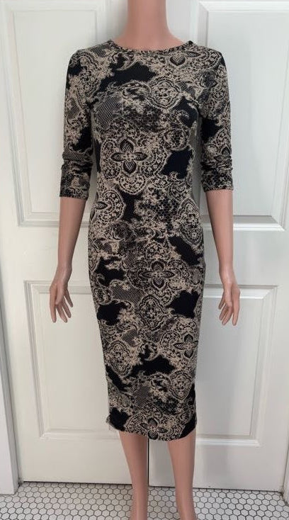 Black & Gold Pattern Jersey Bodycon Dress | Midi Length | Size Medium
