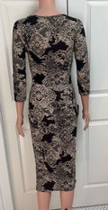 Black & Gold Pattern Jersey Bodycon Dress | Midi Length | Size Medium