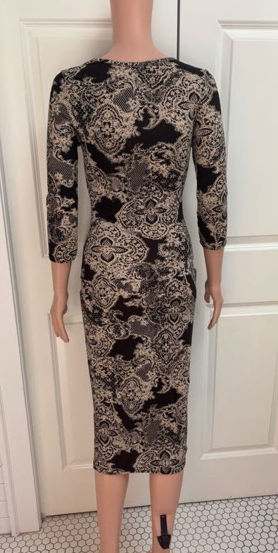Black & Gold Pattern Jersey Bodycon Dress | Midi Length | Size Medium