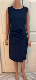 Navy Blue Tailored Midi Dress | Ruching, Pleats & Structured Shoulders | Size 8