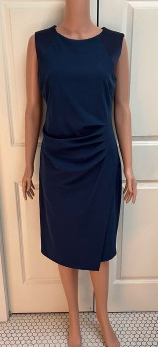 Navy Blue Tailored Midi Dress | Ruching, Pleats & Structured Shoulders | Size 8