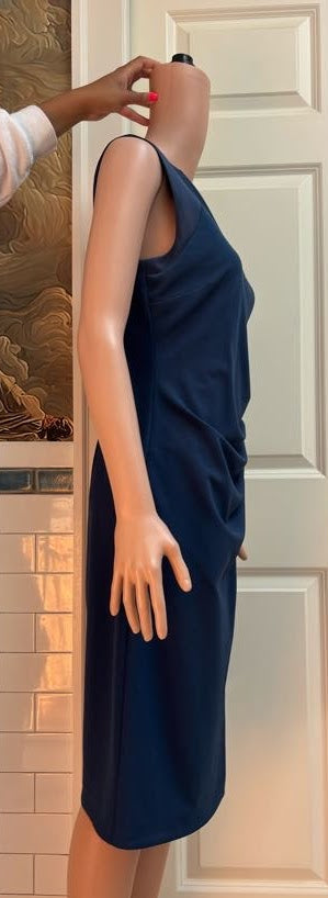 Navy Blue Tailored Midi Dress | Ruching, Pleats & Structured Shoulders | Size 8