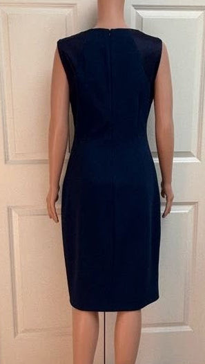 Navy Blue Tailored Midi Dress | Ruching, Pleats & Structured Shoulders | Size 8
