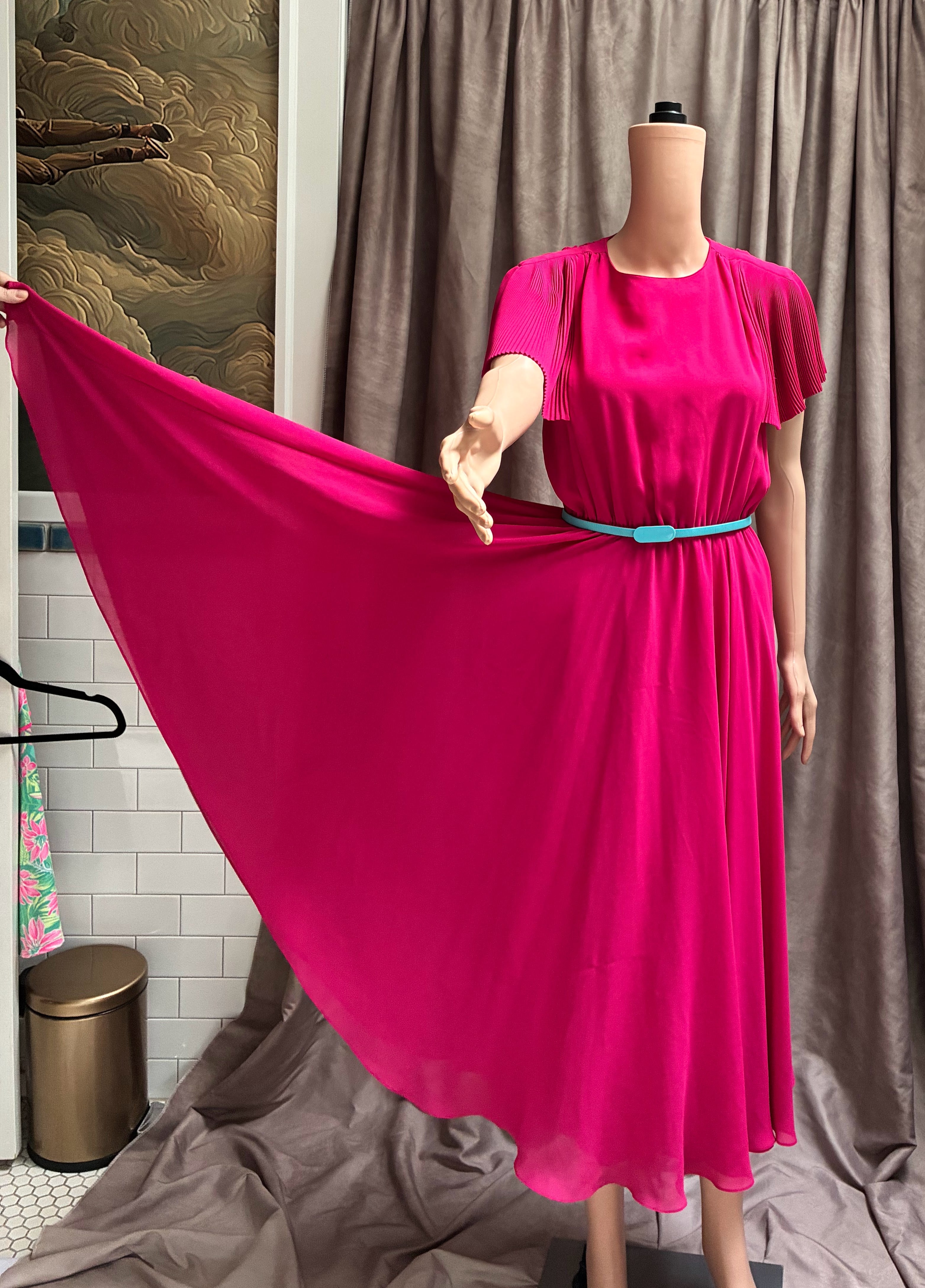 Vintage Pierre Cardin Paris NYC Boutique Neon Fuchsia Chiffon Maxi Dress | Size 4