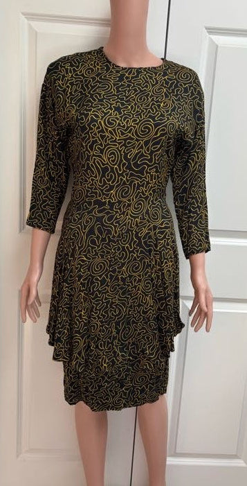 Vintage 1980s Keith Haring-Inspired Black & Yellow Peplum Bodycon Dress | Shoulder Pads | Size 8